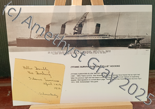 Titanic Postcard -  Sailing in Belfast in black and white - Replica of a real original photographic print circa 1912 and a copy of an autograph from Nellie Hocking, Titanic Survivor.