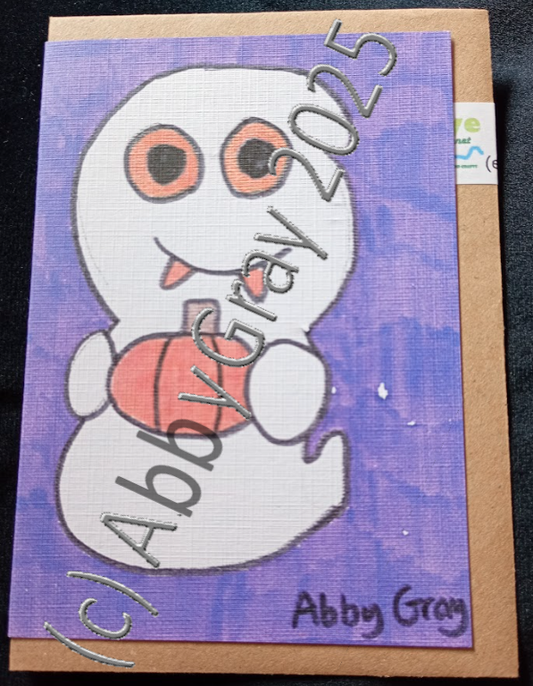 Cartoon Ghost with Pumpkin / Halloween Greeting Card - Printed in Wiltshire - Original Design by Abby Gray